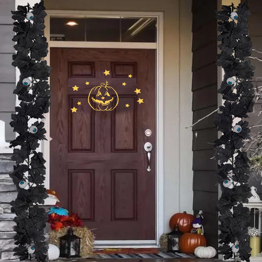 Black Maple Garland Halloween Decor Purple Lights Artificial Maple Wreaths for Wall Fireplace Outdoor Indoor Yard Haunted House Decoration