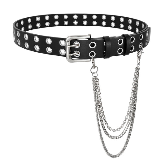 BELTROAD Double Grommet Studded Belt with Detachable Chain Goth Belt for Men Women Punk Rock Metal for Jeans Pants