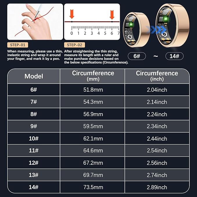 Smart Health Ring for Women Men, Fitness Tracker Ring with Heart Rate, Blood Oxygen, Sleep Tracker, Step Tracker, No Subscription Fee, IP68 Waterproof Smart Ring for iPhone & Android (Rose Gold, 6#)