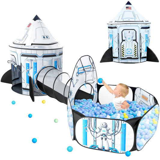 Senodeer Rocket Ship Kids Play Tent: 3Pcs Toddlers Pop Up Ball Pit and Play Tunnel for Indoor Outdoor, Spaceship Baby Playhouse Toys for 1-3 Year Old Boys Girls (3 in 1 Kids Tent)