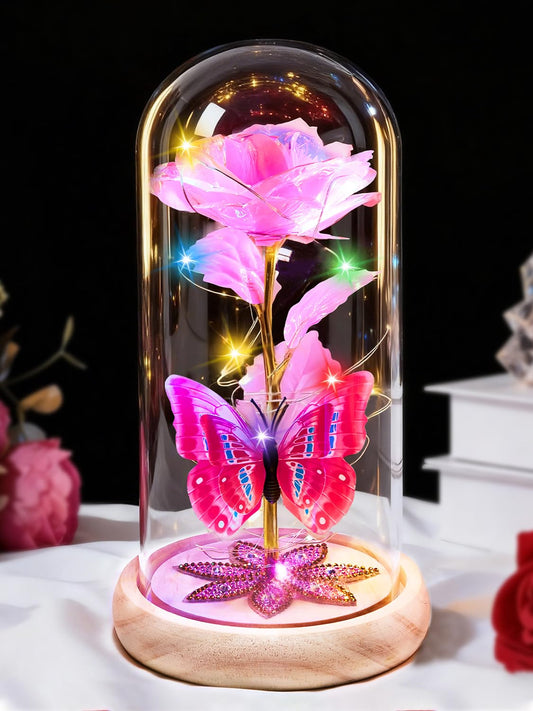 Beferr Birthday Gifts for Women Galaxy Glass Rose Forever Preserved Flowers for Delivery Light Up Rose in Glass Dome Mothers Day Pink Butterfly Gifts for Mom Grandma Wife Her Daughter Girlfriend