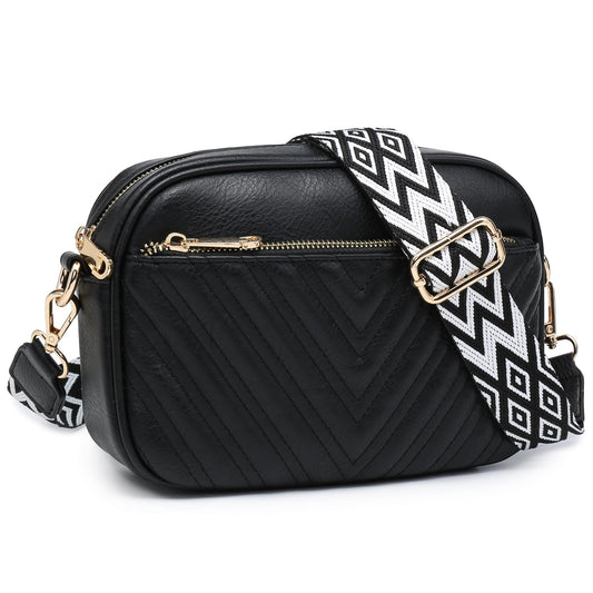 VONMAY Crossbody Purse for Women Quilted Crossbody Bags Vegan Leather Purses Small Shoulder Handbags with Wide Strap (Black)