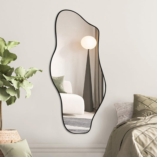 Jesmaikor Large Irregular Wall Mirror, 47.2"x21", Black Asymmetrical Modern Oblong Wavy Cloud Mirror for Living Room, Bathroom, Entryway, Dining Room