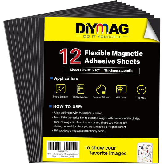 DIYMAG Magnetic Adhesive Sheets Photo Mat, 8" x 10" 12 Pack Flexible Magnets with Adhesive Backing for Crafts, Photos and Pattern Storage, Easy to Peel and Stick