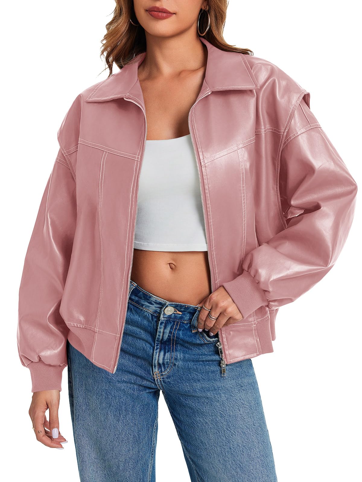 Tankaneo Womens Oversized Leather Bomber Jackets Zip Up Motorcycle Coats