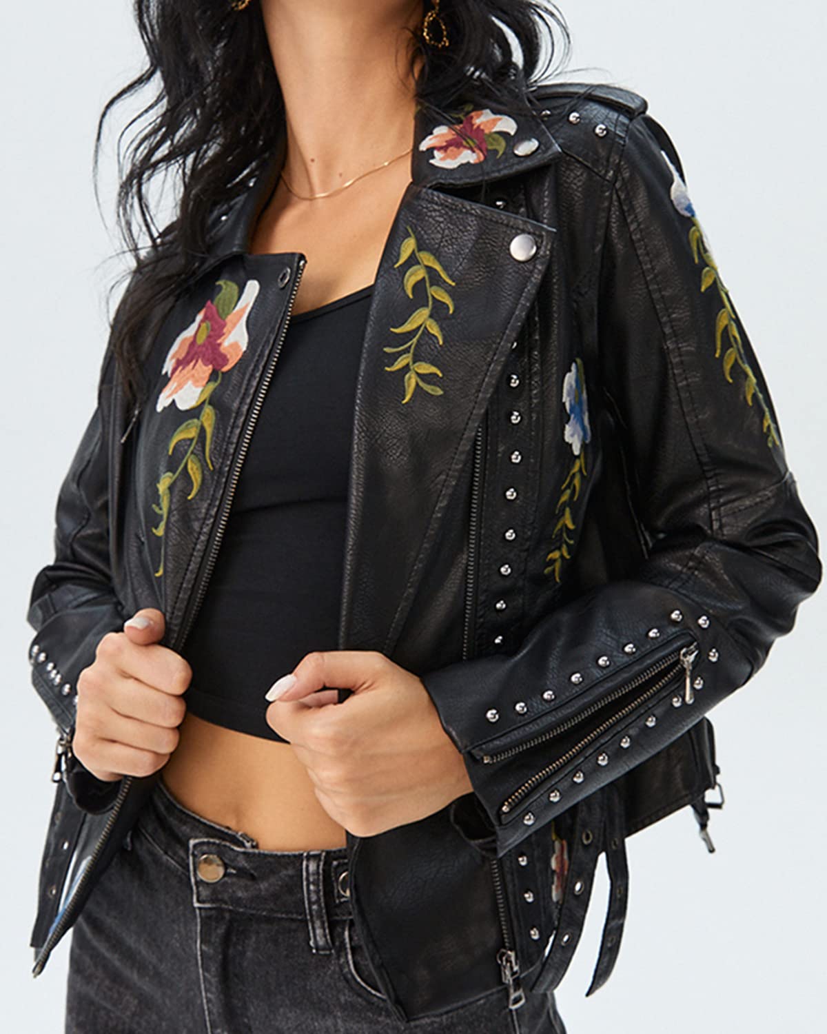 YILANUOYI Women's Embroidered Studded Faux Leather Jacket Moto Punk Jacket Floral Coat (M, XHPY Black)