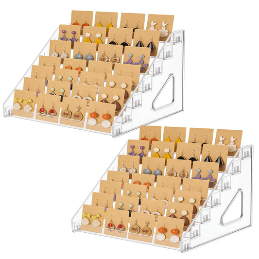 2 Pack 7 Tier Earring Display Stand Acrylic Earring Holder Organizer Holds 4 Pairs of Earrings in One Row Retail Detachable Jewelry Card Stand for Selling Vendors Jewelry Display Earring Rack