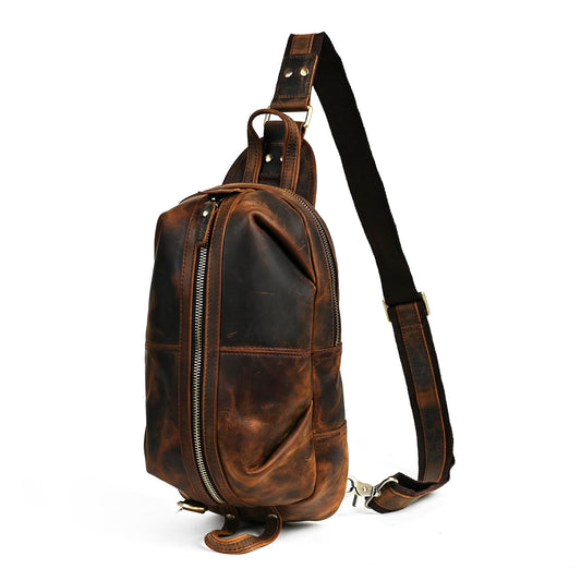 Handadsume Thick Crazy horse Leather Triangle Crossbody Sling Chest Bag Travel One Shoulder Bag Daypack For Men Male 3028 (1186-Brown)