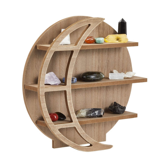 Farmlyn Creek Wooden Crescent Moon Shelf - Rock Shelf & Wall Holder for Stones - Essential Oil Display & Crystal Organizer - Free-Standing Rack - Rustic Brown, 12 x 12 x 3 in