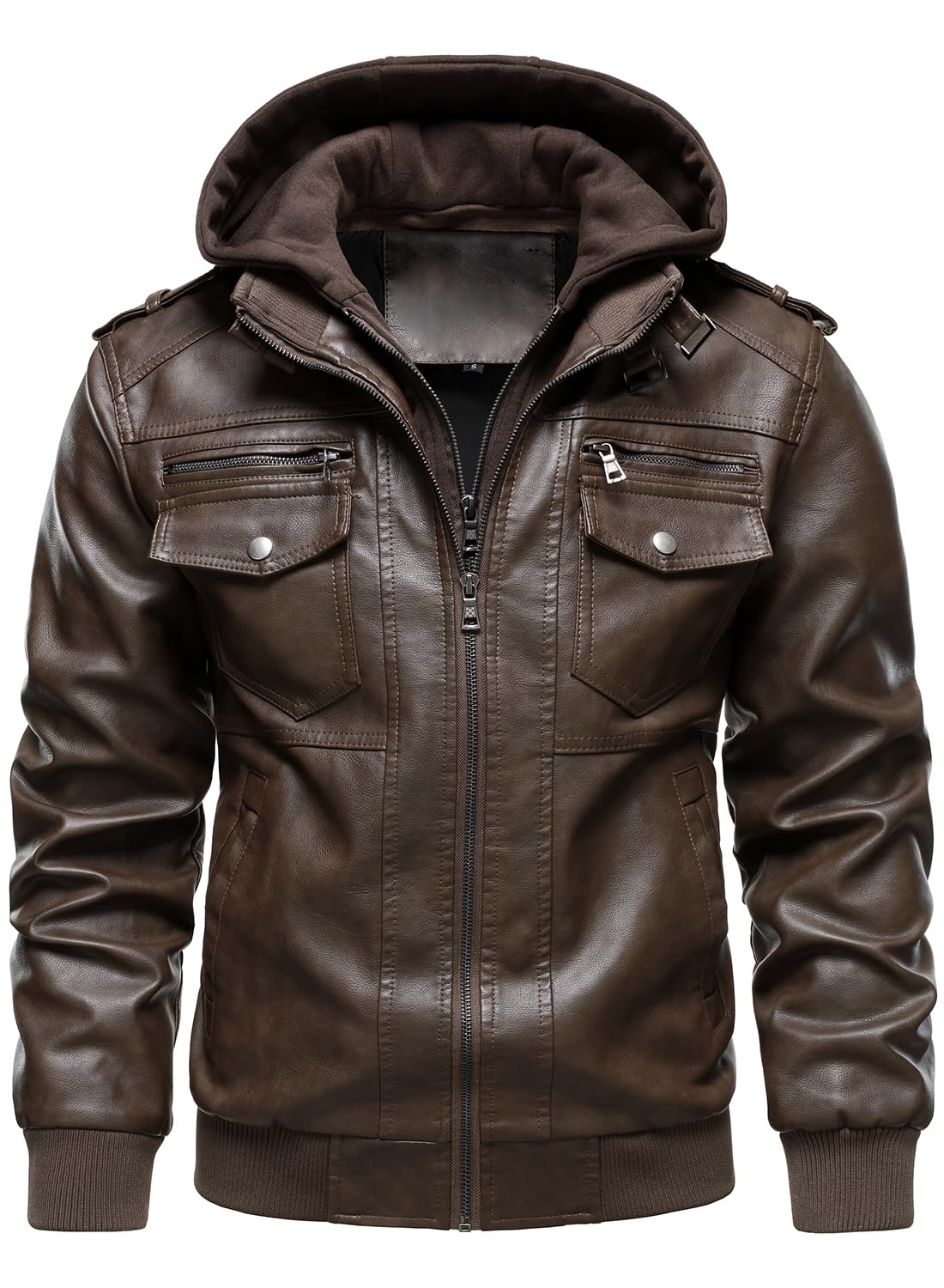 HOOD CREW Men's Faux Leather Hooded Jacket Motorcycle Jackets Water Repellent Windproof PU Moto Vintage Bomber Hoodie Coats Coffee L