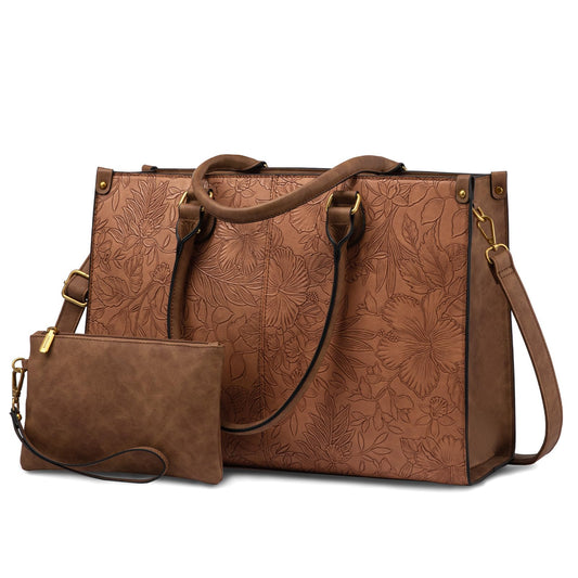 LOVEVOOK Laptop Tote Bag for Women, 15.6 Inch Large Capacity Vintage Leather Waterproof Work Computer Handbag with Clutch Purse, Ideal Gift for Women, Office & Daily Use, Brown Embossed