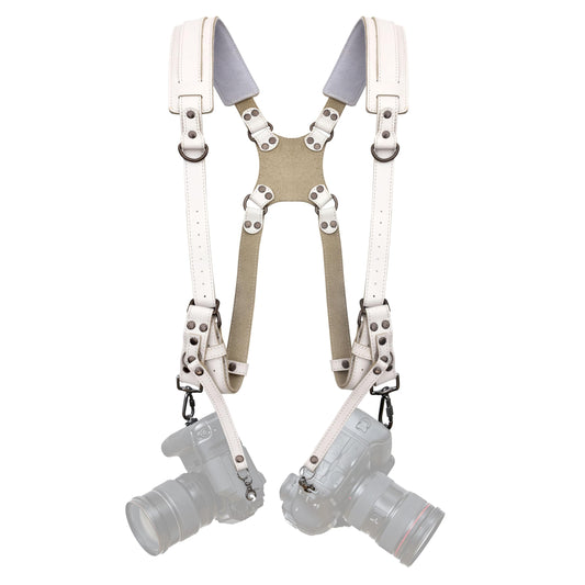 Padwa Lifestyle White Dual Camera Harness Strap for Two Cameras - Dual Shoulder Full Grain Leather Harness,Multi Double Camera Gear with Thick Padded,Double Camera Harness for Photographers