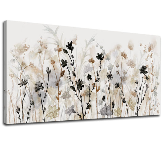 Framed Flower Canvas Wall Art Abstract Grey Cream Brown Wildflowers Canvas Pictures Landscape Artwork Canvas Prints for Home Living Room Bedroom Kitchen Office Wall Decor Ready to Hang 24"x 48"