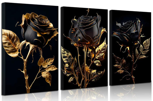 3Pcs Black And Gold Rose Canvas Wall Art Modern Luxury Flowers Pictures Wall Decor Abstract Elegant Rose Dark Posters Prints for Living Room Bedroom Office Bathroom Ready To Hang
