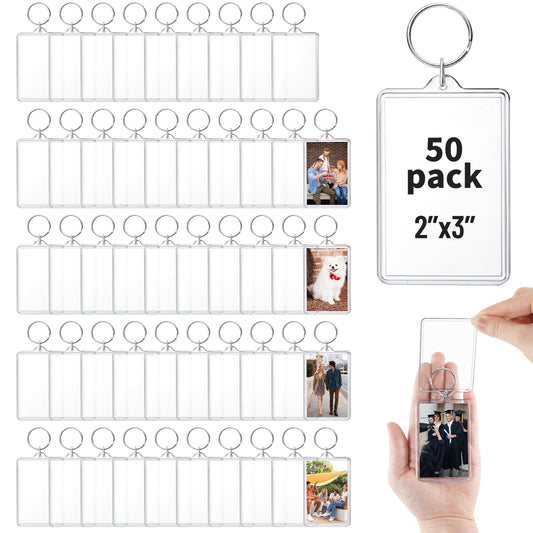 jojnawa 50 Pcs Acrylic Photo Keychain Bulk, Clear Photo Keyrings for Zink Photo Paper 2x3 inch, Shatterproof Acrylic Keychains with Split Rings, DIY Custom Keyring Frames for Gifts, Parties & Crafts