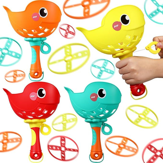 Set of 4 Flying Disc Launcher Toys Bulk Toys for Kids Include String Launchers & Discs Manual Capture Catching Game Flying Toy for Boy Girl Birthday Party Favors