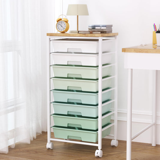 Rolling Cart with 8 Drawers, Storage Drawers Cart with Wooden Tabletop and Lockable Wheels, Craft Storage for Living Room, Office, Classroom, Craft Room, Bedroom