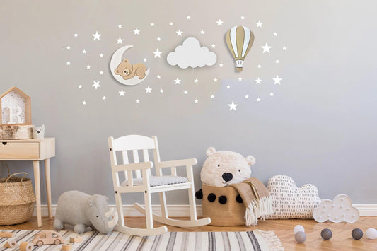 BugyBagy Nursery Wall Lamp Set – 3 Hand Painted Night Lights for Baby Room (Hot Air Balloon, Cloud, Elephant on Moon) + Bonus Wall Stickers – Soft Linen Colors Pink or Blue (Beige Theme 2)