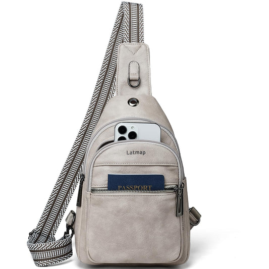 LATMAP 7L Sling Bag For Women Faux Leather Anti Theft Small Casual Daypack Backpack Fanny Pack Crossbody Chest Bags Purse Waterproof Light Grey