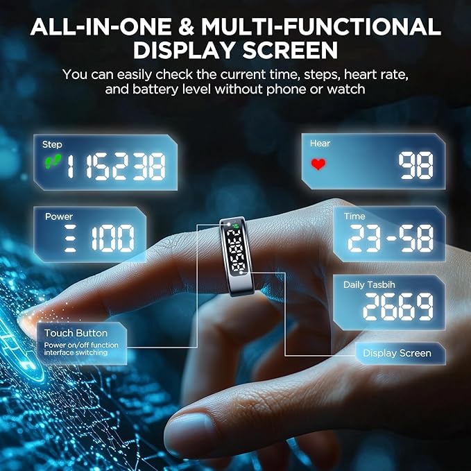 Smart Ring Health Tracker with Display Screen, Sleep Tracker with Heart Rate, Fitness Ring Step Tracker for Activity Monitoring/Steps/Calories,Wireless Charging, for iOS Android (Silver,12#)