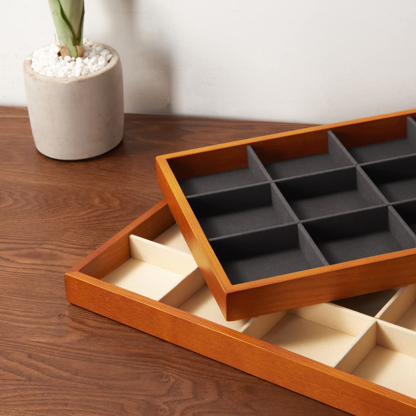 Oirlv 12 Grids Wood Jewelry Organizer Tray Stackable Jewelry Drawer Tray Bracelet/Watch Showcase Display Storage(Grey)