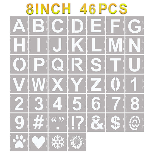 YEAJON 46 Pcs Letter Stencils Symbol Numbers Craft Stencils, Reusable Alphabet Templates Interlocking Stencil Kit for Painting on Wood, Wall, Fabric, Rock, Chalkboard, Sign, DIY Art Projects(8 Inch)