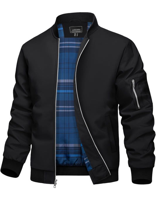 TACVASEN Bomber Jacket Men Black Jacket for Men Lightweight Lined Windbreaker Casual Outdoor Windproof Full Zip Warm Coats