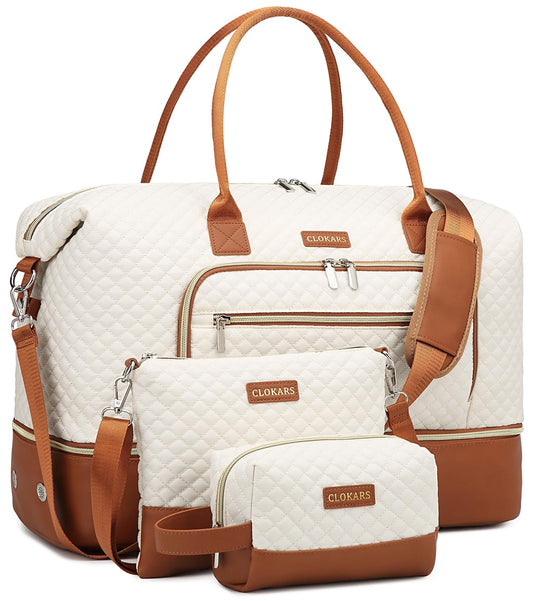 CLOKARS Weekender Bags for Women, Travel Tote Duffle Bag Carry On Overnight Bag with Cosmetics Bag and Crossbody Purse for Gym Hospital, Gifts for Women, Beige Brown