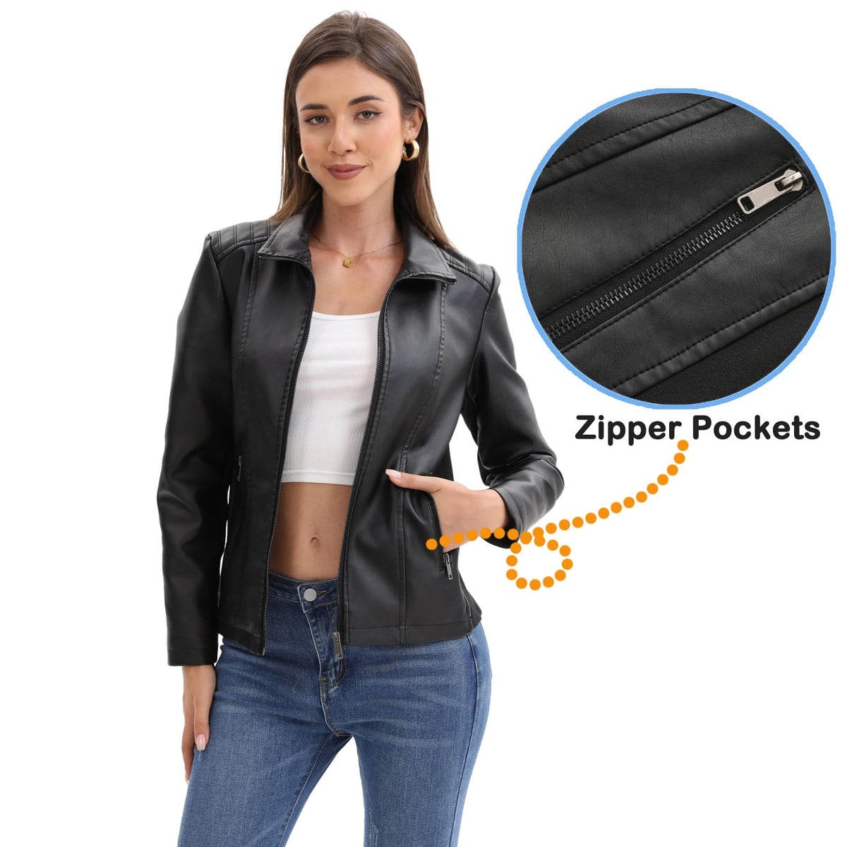 CHIGUO Faux Leather Jacket for Women Motorcycle Fashion Zip Up Coat Trendy Going Out Jackets (Black,X-Large)