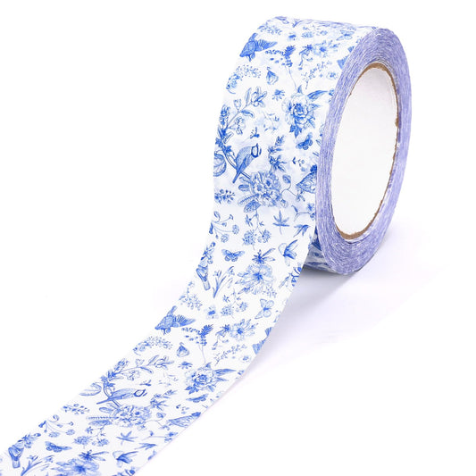 Whaline 109 Yard Spring Blue Floral Packing Tape Gift Wrapping Tape Vintage Chinoiserie Flower Bird Pattern Tapes for Small Business DIY Crafts Carton Decor