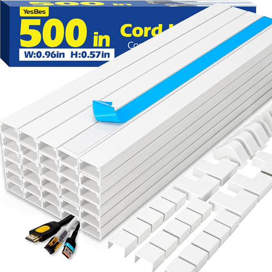 YesBes 500in 32X L15.75 W0.96in H0.57in, Cord Hider Kit, Cord Covers for Wires on Wall, Paintable Cable Raceway, Cord