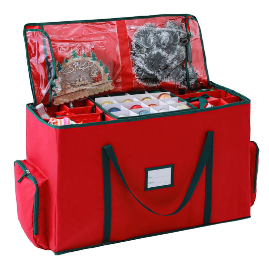BIEBOS 2-In-1 Christmas Decoration Ornament Organizer Box， Movable Pallet Santas Bags Ornament Storage Containers, Holds 73 Holiday Ornaments, Adjustable Space For Figurines And Pockets For Decoration