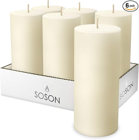 Simply Soson 3x6 inch Ivory Pillar Candles Set of 6, Smooth Texture, Unscented Ivory Candles, Dripless Candles, 3 inch Pillar Candles Ideal as Wedding, Parties, Spas, Dinner, Home Decoration, Church