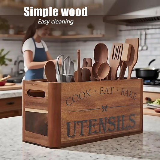RMCOKGX Utensil Holder for Kitchen Countertop - Extra Large 4 Compartment Wooden Organizer in Acacia Wood, Storage for Cooking Tools and Cutlery, Farmhouse Style for Home Cooking