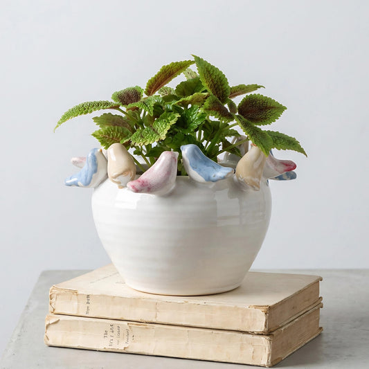 ZSHAWN Stoneware Planter with Colorful Birds on Rim, Reactive Glaze Decorative Flower Pot for Indoor Plants, Vintage Cottagecore Bird Planter, Ceramic Pot for Succulents, Tabletop Home Décor Accent
