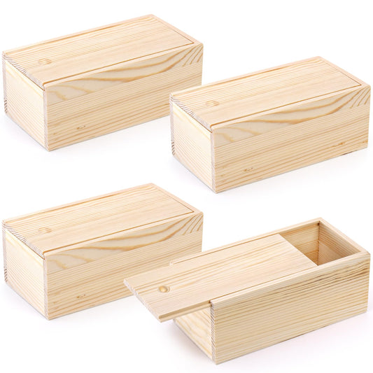 yarlung 4 Pack Unfinished Wood Storage Box with Slide Lid, Vintage Cards Container Small Gift Box for Art Hobbies, DIY Craft, Desktop Bead Organizer, Jewelry Storage