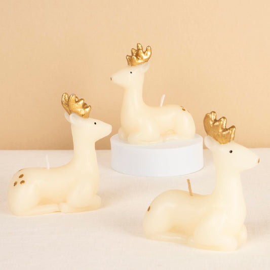Meri Meri Small Ivory Reindeer Christmas Candles (Pack of 3), Unscented Decorative Candles, 4" Tall, Handpainted Details, Long Lasting Burn Time Approx 3 Hours