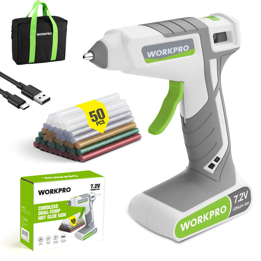 WORKPRO Cordless Hot Glue Gun, 30s Fast Preheating, 7.2V Dual-Temp Glue Gun Kit with 50pcs Glue Gun Sticks, Storage Bag, USB-C Charging Cord, 2600mAh Battery for DIY and Crafting, White