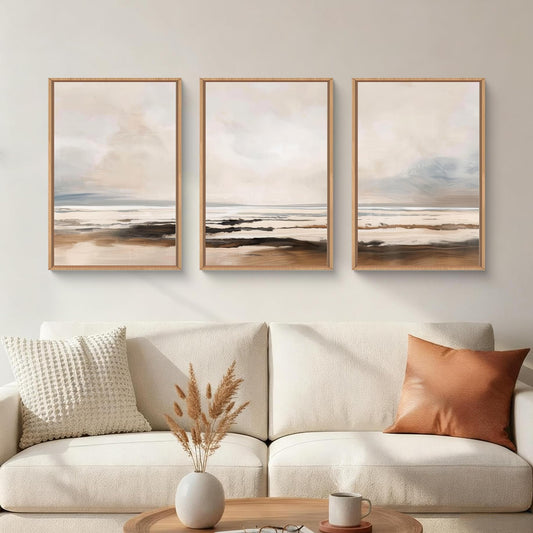 HOURIA Large Neutral Abstract Gray Framed Wall Art Set,Minimalist Modern Beige Brown Landscape Wall Decor,Wilderness Filed Artwork,Watercolor Misty Lake Print for Living Room,Bedroom,Office-16 x24 x3