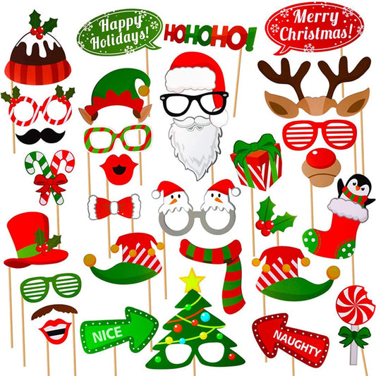 32pcs Christmas Photo Booth Props Party Decorations for Women Men Selfie Props Party Favors