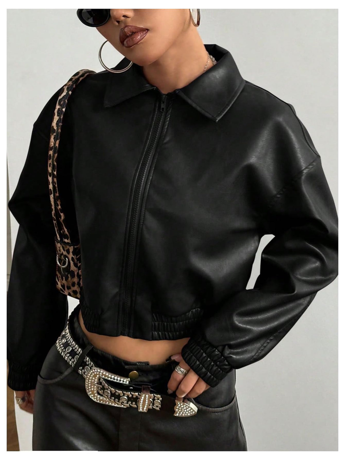 BEAUDRM Women's Y2K Faux PU Leather Jacket Crop Zip Up Motorcycle Coat Long Sleeve Drop Shoulder Motor Bike Jacket Streetwear Black Solid Small