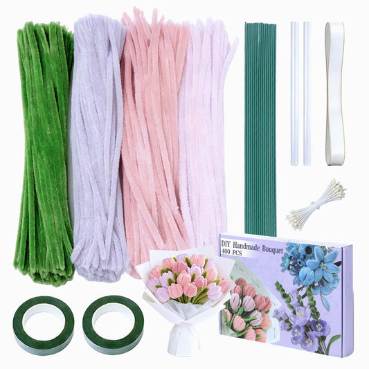 houlishu 400 Pcs Pipe Cleaners Craft with 4 Chenille Stems Assorted Colors Bulk, Plus Floral Wires, Gardening Tape, Stamen & Ribbon for DIY Flower Making Crafts