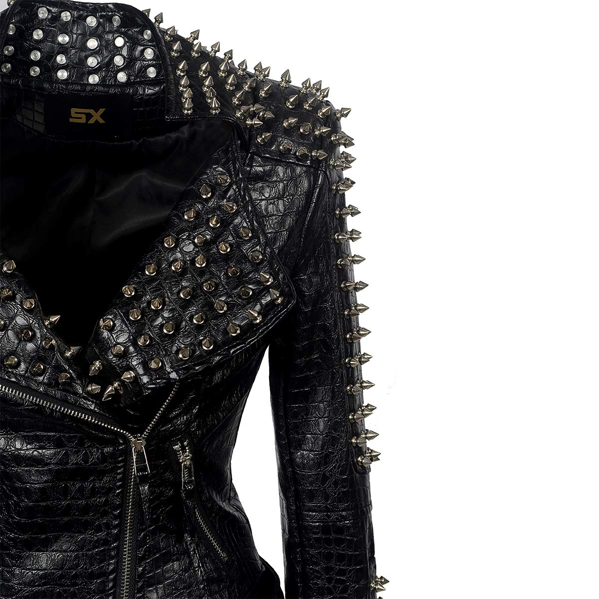 SX Women Punk Faux Leather PU Black Jacket Studded Rivet Fashion Streetwear Motorcycle Coat (XL, Black)