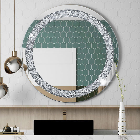 24 Inch Crushed Diamond Round Glass Wall Mirror, Bathroom Mirror, Wall Decoration Hanging Mirror, Suitable for Living Room, Bedroom, Vanity