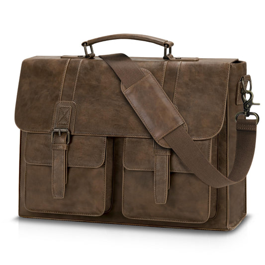 RAINSMORE Leather Messenger Bag for Men 15.6 Inch Vintage Laptop Bag Waterproof Briefcases for Men Computer Shoulder Bag Satchel for Work, Office, College, Business, Darkbrown