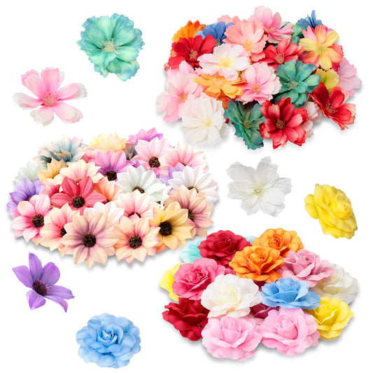 Hoteam 100 Pcs Assorted Flower Heads Decorative Artificial Fake Heads Small Faux Floral Crafts DIY Mini Daisy Rose Plum for Wedding Cake Mother's Day Party Wreath Home Spring (Bright)