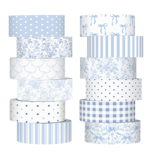 YooNotee 12 Rolls Watercolor Floral Washi Tape Set 15 mm Vintage Flower Decorative Masking Tape for Spring DIY Craft Scrapbook Arts Journal Supplies Gift Wrapping (Blue and White,Floral)