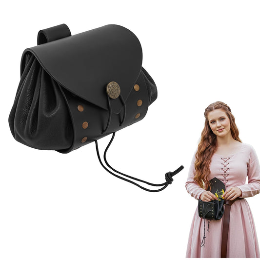 Medieval Drawstring Pouch with Brass Button, Belt Pouch with Loop, Genuine Leather Coin Purse for LARP, Reenactment and Costume (Drawstring Bag, Black)