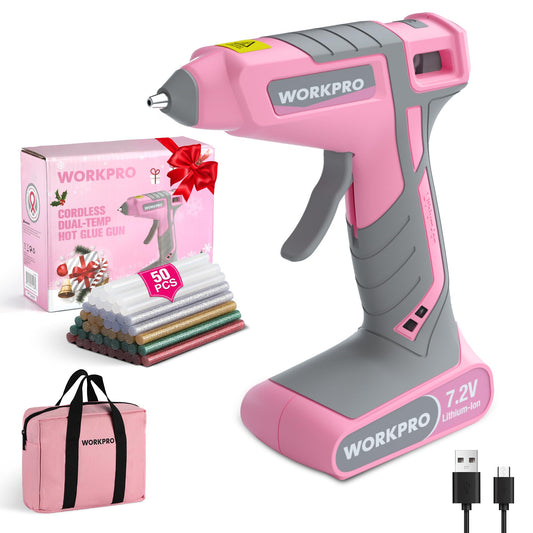 WORKPRO Cordless Hot Glue Gun, 7.2V Glue Gun with 50 Pcs Premium Mini Glue Sticks and Storage Bag, 2600mAh Type-C Rechargeable, Dual-Temp Hot Glue Gun Kit for DIY, Crafting and Arts