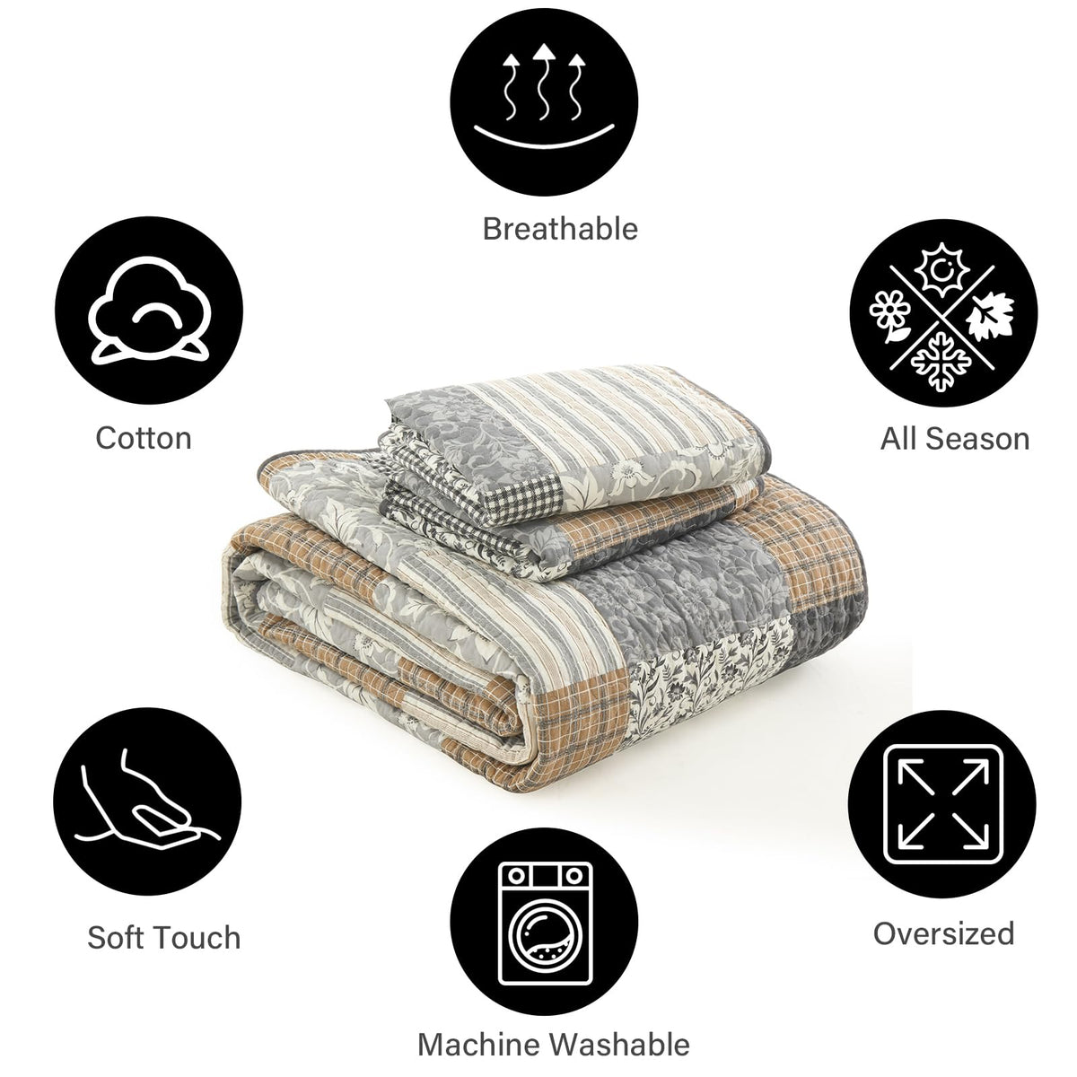 PANGUSHAN 100% Cotton King Quilt Bedding Set, Quilt King Size, Floral Patchwork Quilted Bedspread, Lightweight Comforter King Bed Spread for All Season, 3pcs, Brown/Gray